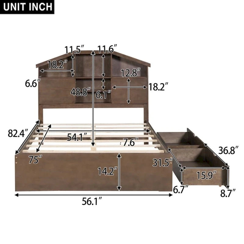 Full Size House-Shaped Platform Bed with Storage Headboard & 2 Drawers - Solid Pine Wood, Rustic Gray/Walnut Finish, No Box Spring Needed