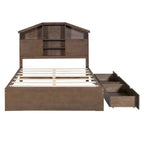 Full Size House-Shaped Platform Bed with Storage Headboard & 2 Drawers - Solid Pine Wood, Rustic Gray/Walnut Finish, No Box Spring Needed