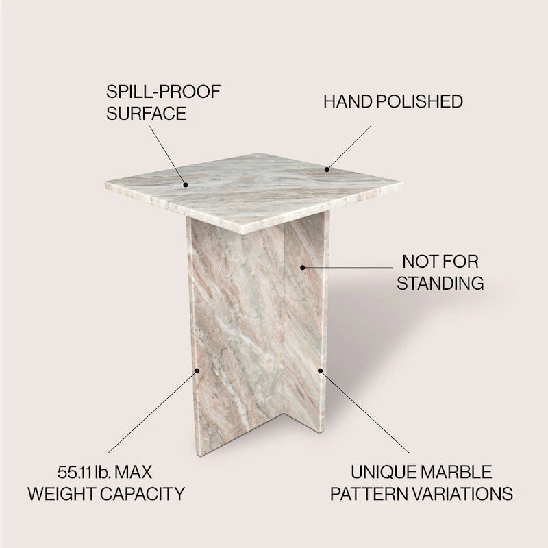 Natural Marble T-Shaped End Table - Handmade, 18.5" Height, Gray/Beige, Modern Side Table for Living Room or Bedroom, Stone Top