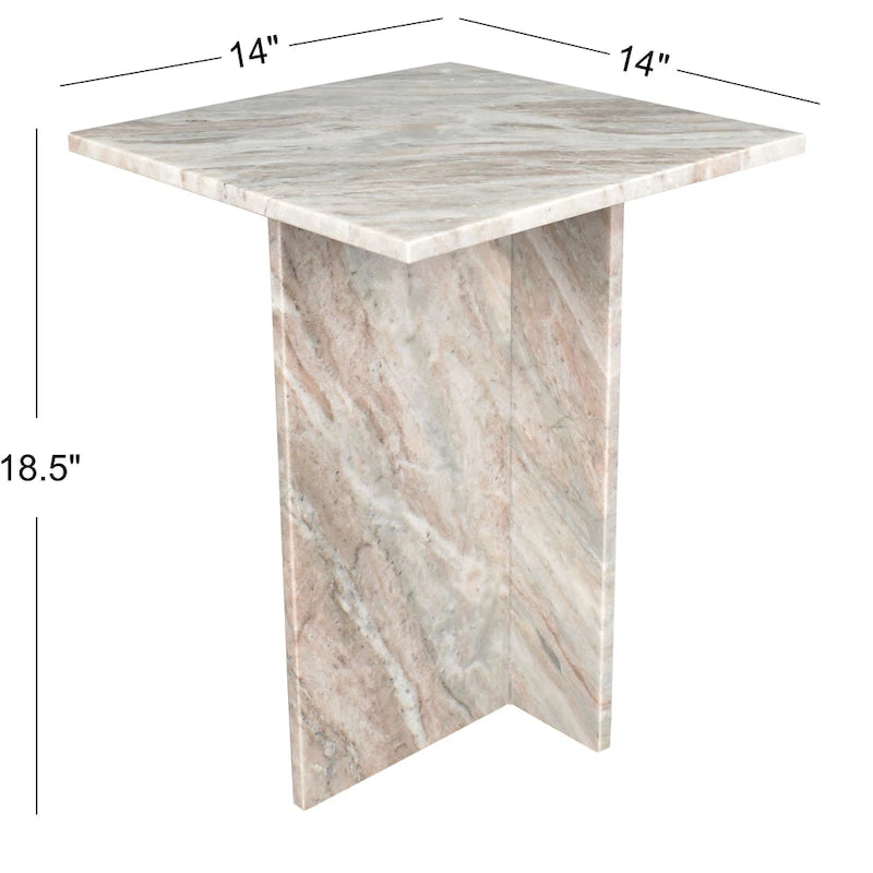 Natural Marble T-Shaped End Table - Handmade, 18.5" Height, Gray/Beige, Modern Side Table for Living Room or Bedroom, Stone Top