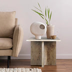 Natural Marble T-Shaped End Table - Handmade, 18.5" Height, Gray/Beige, Modern Side Table for Living Room or Bedroom, Stone Top