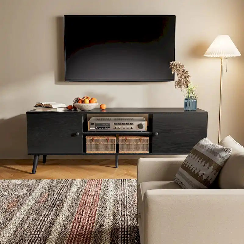 Mid Century Modern TV Stand for 55/60 Inch TV - Farmhouse Style, 2 Cabinets, Adjustable Shelf, Cable Management, Living Room