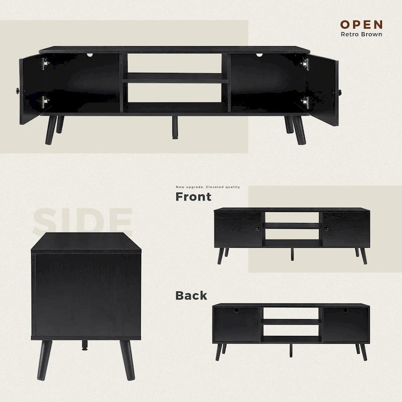 Mid Century Modern TV Stand for 55/60 Inch TV - Farmhouse Style, 2 Cabinets, Adjustable Shelf, Cable Management, Living Room