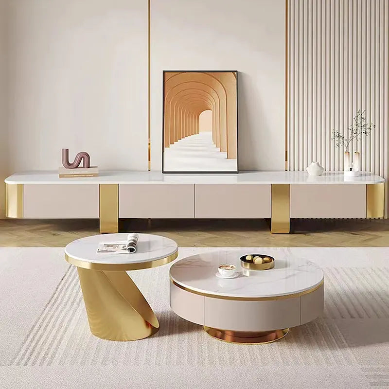 78.7" Modern TV Stand with Sintered Stone Top - 4 Drawers, Gold Metal Legs, White Glossy Finish, Easy Clean Entertainment Center