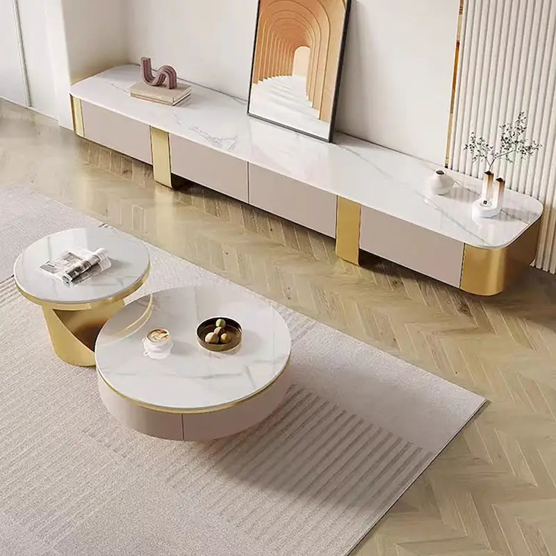 78.7" Modern TV Stand with Sintered Stone Top - 4 Drawers, Gold Metal Legs, White Glossy Finish, Easy Clean Entertainment Center