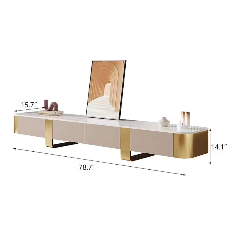 78.7" Modern TV Stand with Sintered Stone Top - 4 Drawers, Gold Metal Legs, White Glossy Finish, Easy Clean Entertainment Center