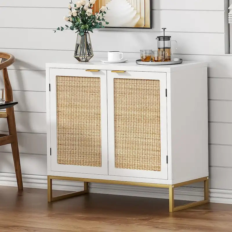 Modern 2-Door White Rattan Buffet Sideboard Wood Kitchen Accent Storage Cabinet