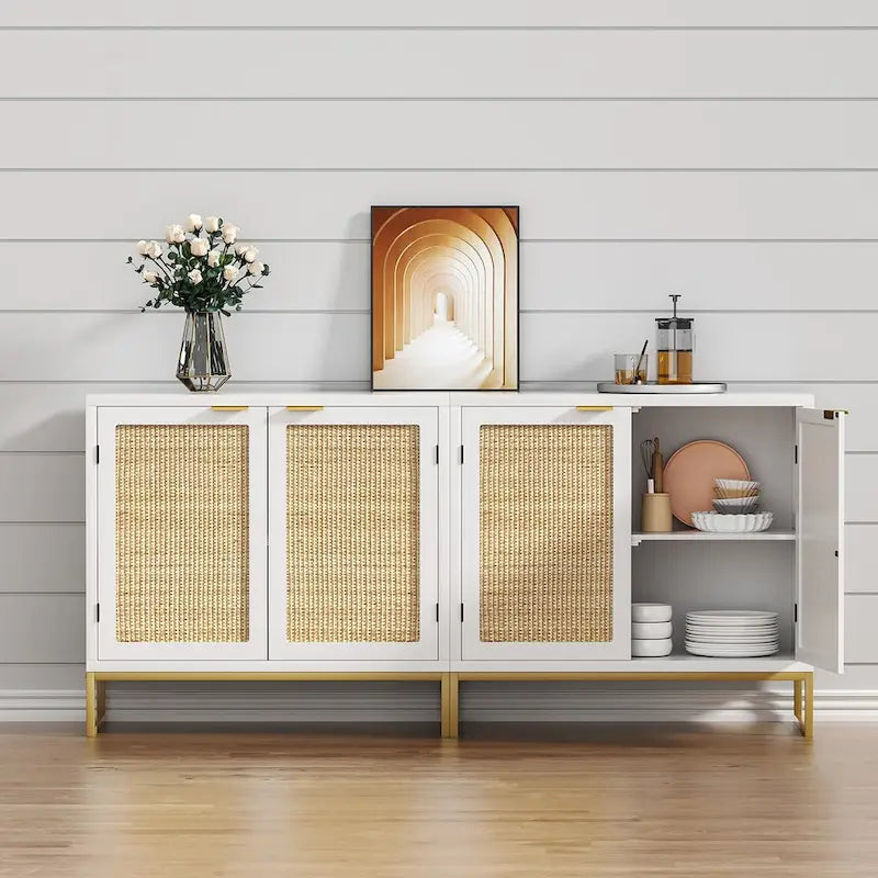 Modern 2-Door White Rattan Buffet Sideboard Wood Kitchen Accent Storage Cabinet