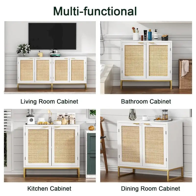 Modern 2-Door White Rattan Buffet Sideboard Wood Kitchen Accent Storage Cabinet
