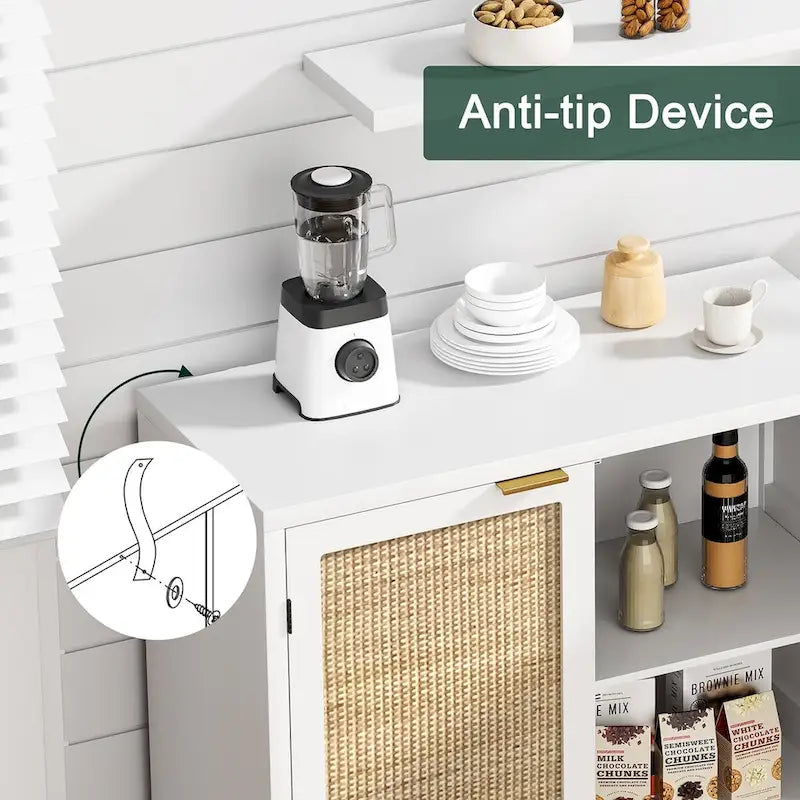 Modern 2-Door White Rattan Buffet Sideboard Wood Kitchen Accent Storage Cabinet