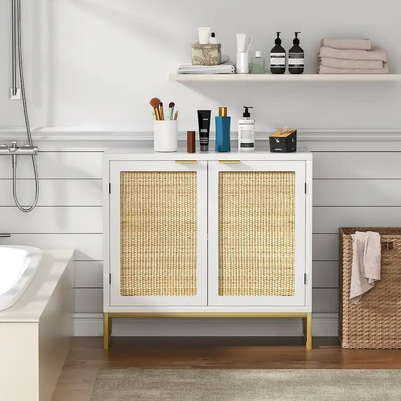 Modern 2-Door White Rattan Buffet Sideboard Wood Kitchen Accent Storage Cabinet