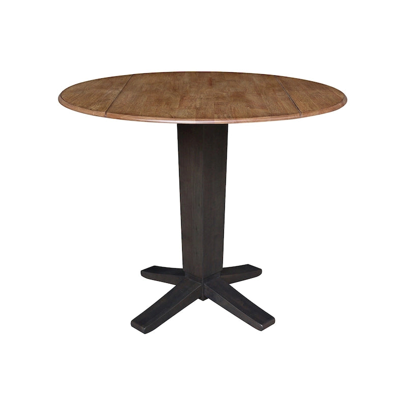 42" Round Counter Height Drop Leaf Dining Table - Solid Parawood, Butcher Block Top, 9" Dual Leaves, Pedestal Base, 36.3" H