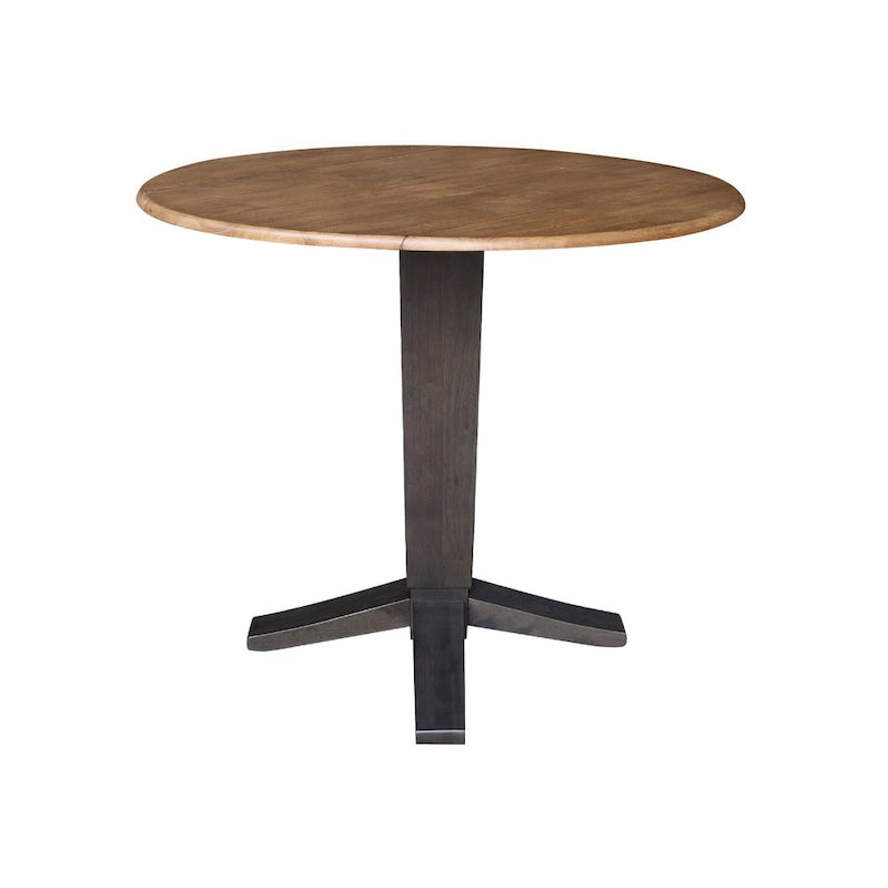 42" Round Counter Height Drop Leaf Dining Table - Solid Parawood, Butcher Block Top, 9" Dual Leaves, Pedestal Base, 36.3" H