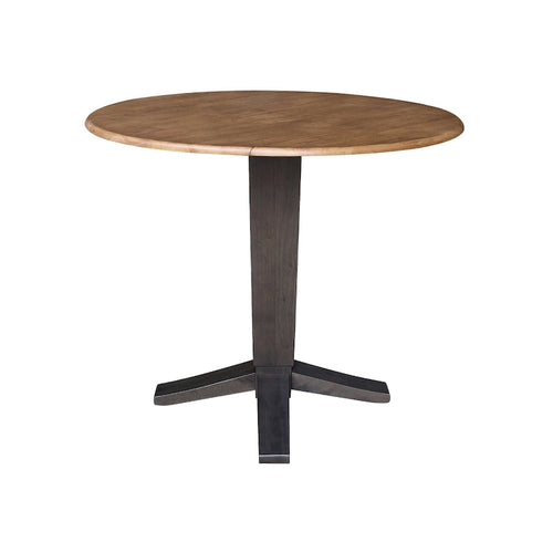 42" Round Counter Height Drop Leaf Dining Table - Solid Parawood, Butcher Block Top, 9" Dual Leaves, Pedestal Base, 36.3" H