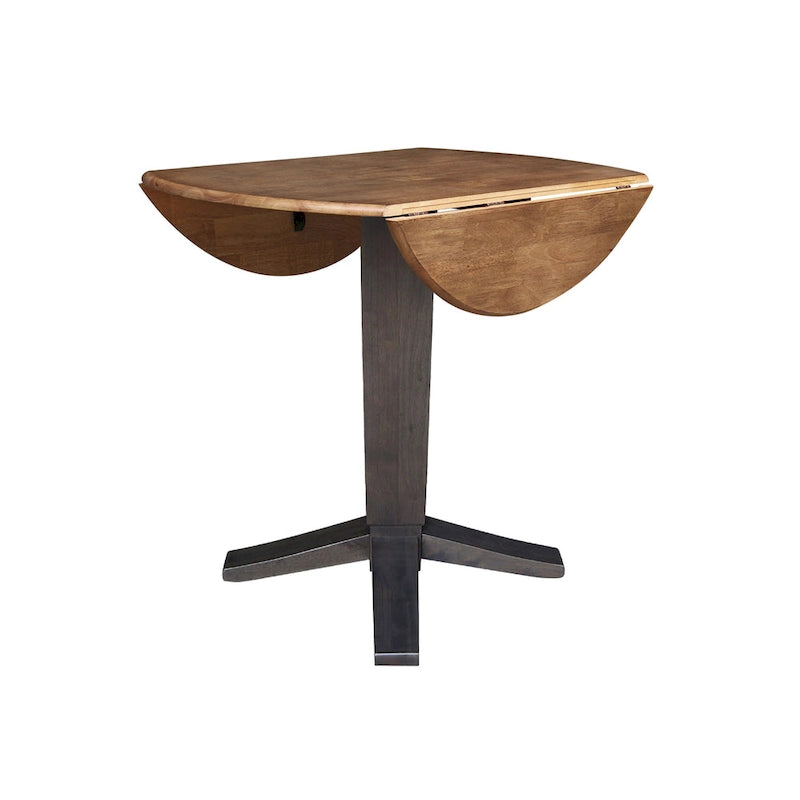 42" Round Counter Height Drop Leaf Dining Table - Solid Parawood, Butcher Block Top, 9" Dual Leaves, Pedestal Base, 36.3" H