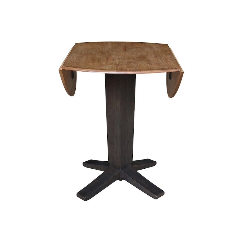 42" Round Counter Height Drop Leaf Dining Table - Solid Parawood, Butcher Block Top, 9" Dual Leaves, Pedestal Base, 36.3" H
