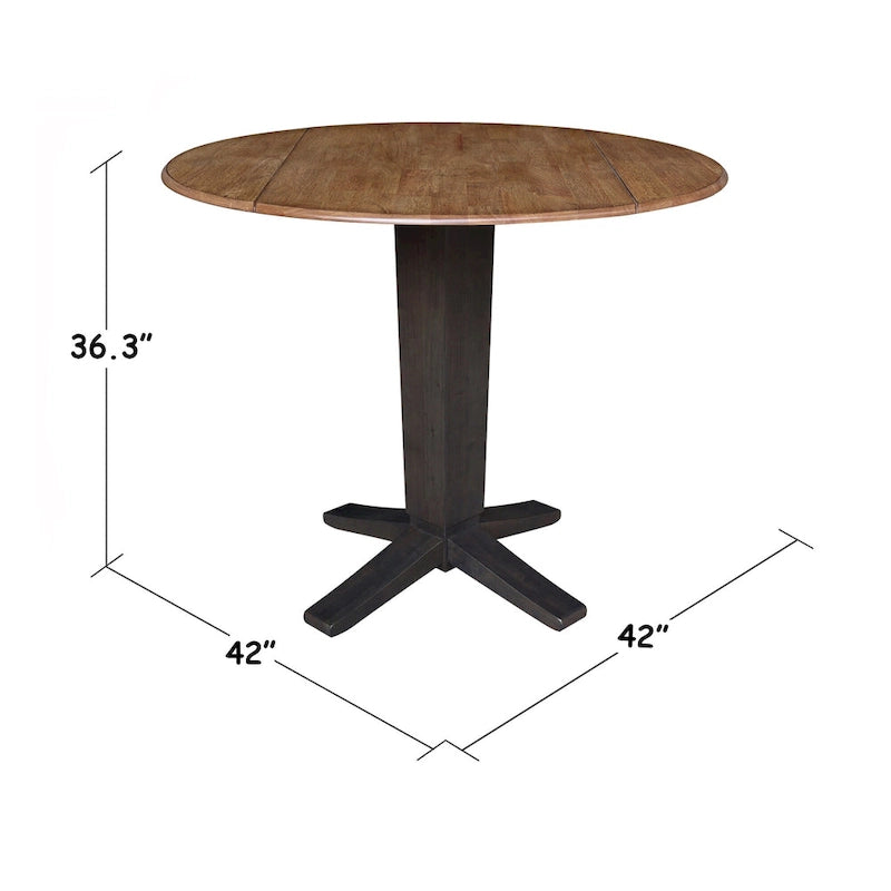 42" Round Counter Height Drop Leaf Dining Table - Solid Parawood, Butcher Block Top, 9" Dual Leaves, Pedestal Base, 36.3" H