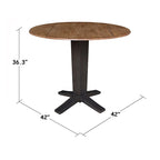 42" Round Counter Height Drop Leaf Dining Table - Solid Parawood, Butcher Block Top, 9" Dual Leaves, Pedestal Base, 36.3" H