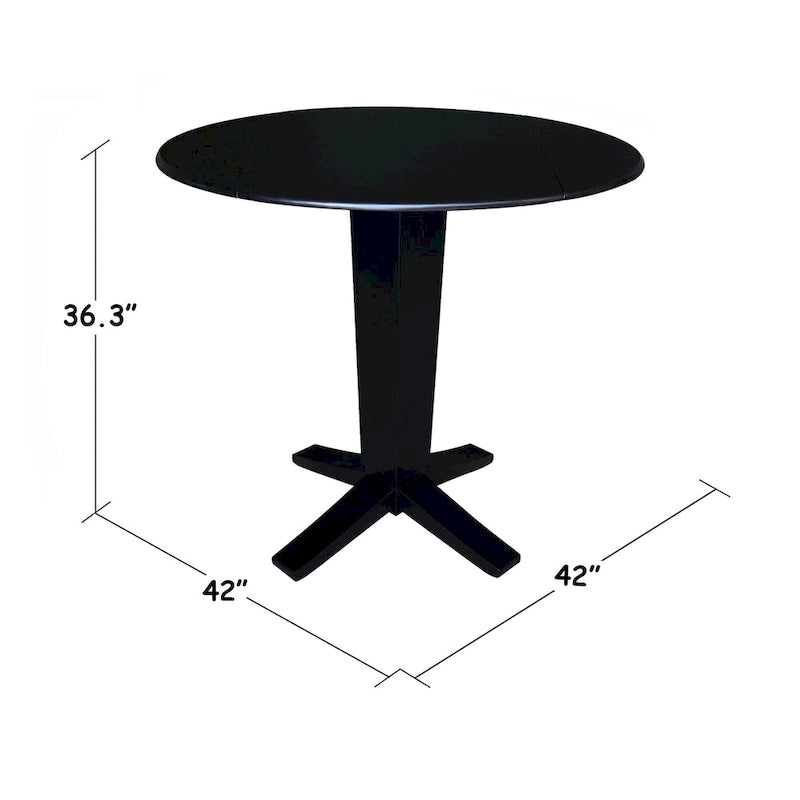 42" Round Counter Height Drop Leaf Dining Table - Solid Parawood, Butcher Block Top, 9" Dual Leaves, Pedestal Base, 36.3" H