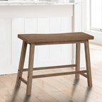 33 Inch Saddle Seat Bench with Angled Frame, Sandblasted Antique Brown Acacia Wood