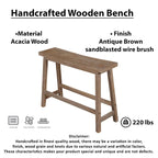 33" Acacia Wood Saddle Seat Bench - Angled Frame, Antique Brown Finish, 220 lb Capacity, Entryway, Dining, or Living Room Bench