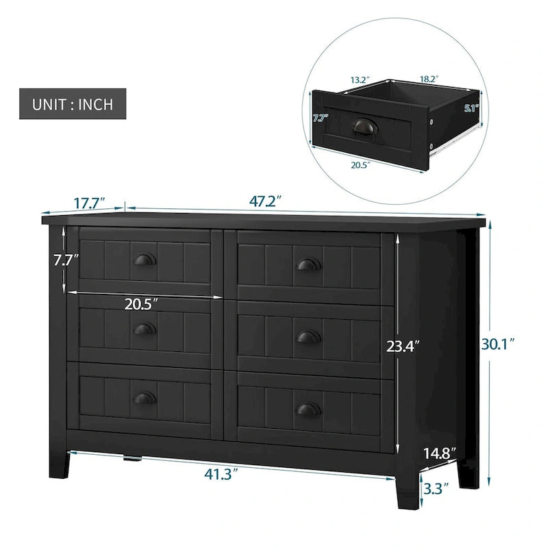 Farmhouse Black Solid Wood Entryway Storage Cabinet with 6 Drawers - 47.3" Long, 160 lb Capacity, Rustic Organizer for Hallway or Living Room