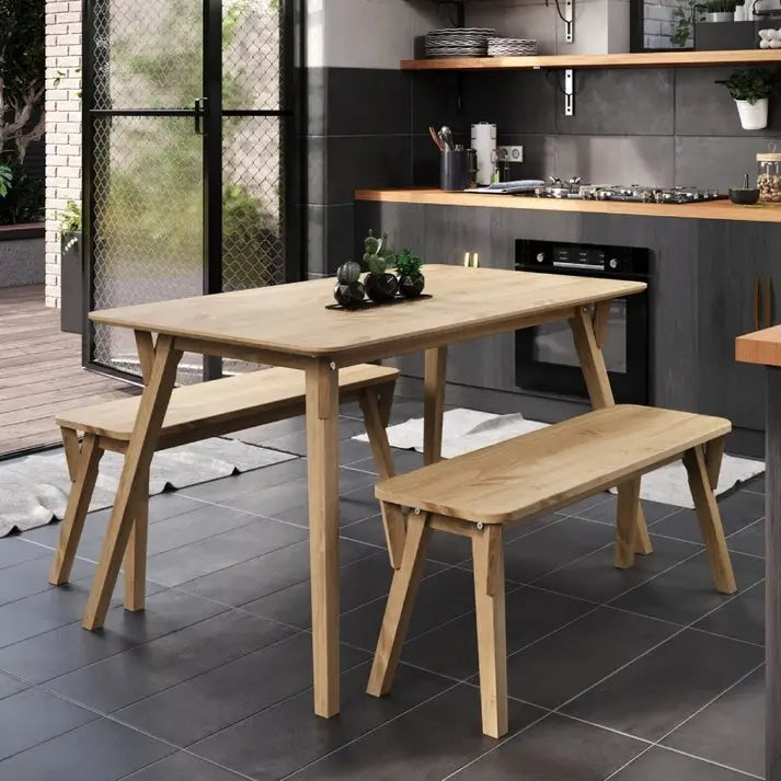 55" Solid Pine Wood Dining Set with Bench - Corona Table & Bench, Natural Finish, 29.92" Height, Easy Assembly for Kitchen