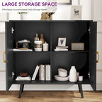 70.1" Wide Wood Sideboard Buffet Cabinet - 4 Doors, Adjustable Shelves, Gold Handles, Black Iron Legs, Engineered Wood Storage