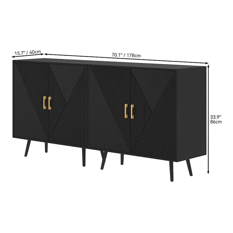 70.1" Wide Wood Sideboard Buffet Cabinet - 4 Doors, Adjustable Shelves, Gold Handles, Black Iron Legs, Engineered Wood Storage