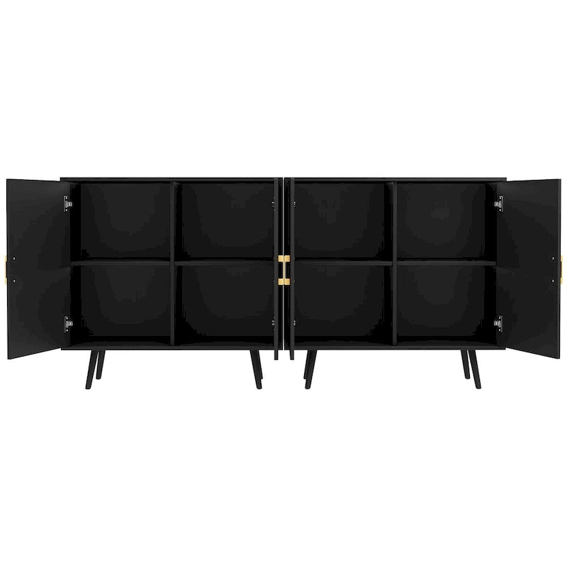 70.1" Wide Wood Sideboard Buffet Cabinet - 4 Doors, Adjustable Shelves, Gold Handles, Black Iron Legs, Engineered Wood Storage