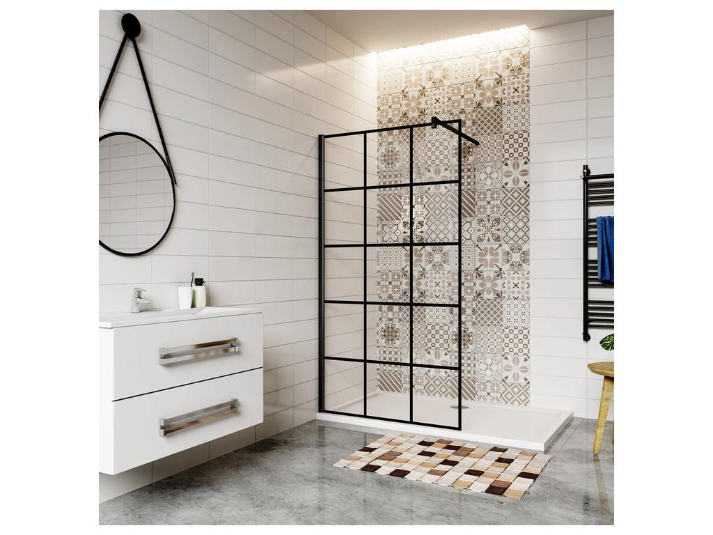 Walk-in shower screen 140x200cm with 90cm square support bar - Black - 8mm colored and anti-limescale glass 16520ZWBT