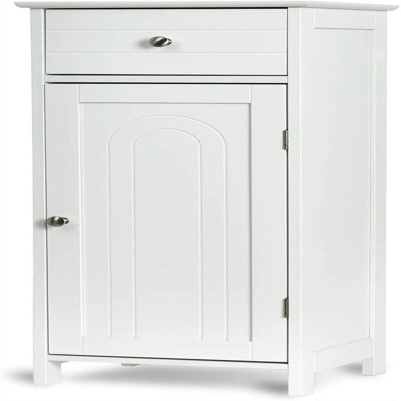 White Floor Storage Cabinet for Bathroom - 34.5" Height, Waterproof MDF, Adjustable Shelves, Anti-Tip, Drawer & Concealed Cabinet