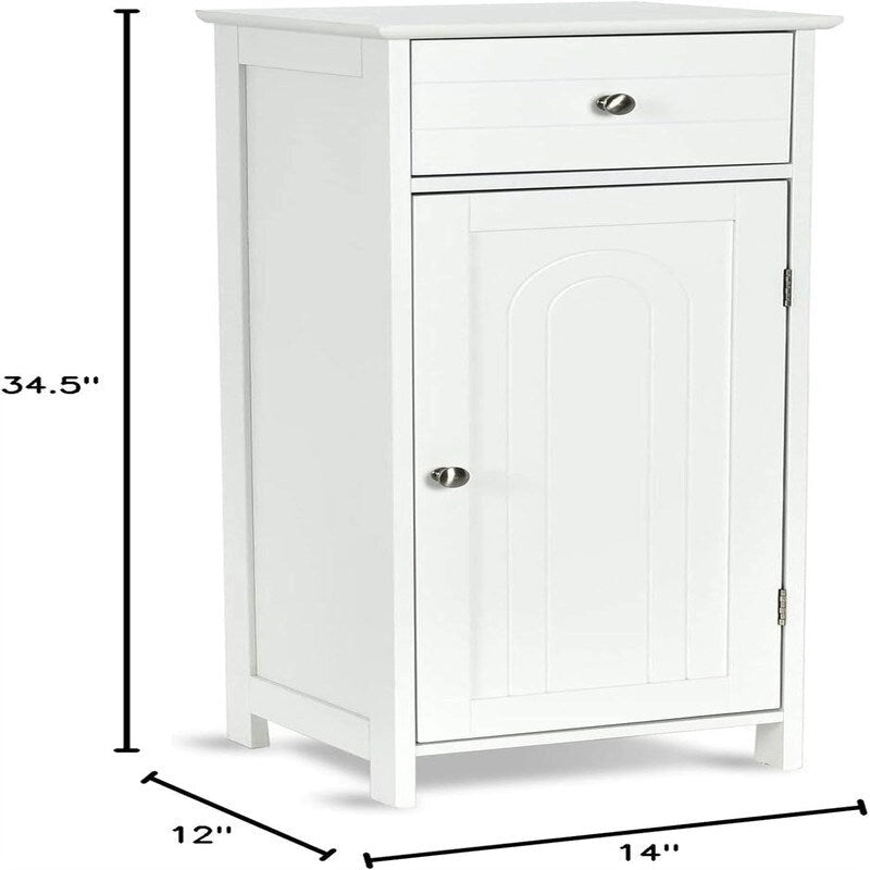 White Floor Storage Cabinet for Bathroom - 34.5" Height, Waterproof MDF, Adjustable Shelves, Anti-Tip, Drawer & Concealed Cabinet
