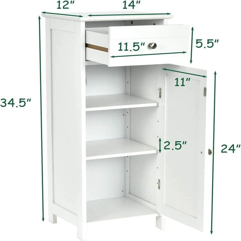 White Floor Storage Cabinet for Bathroom - 34.5" Height, Waterproof MDF, Adjustable Shelves, Anti-Tip, Drawer & Concealed Cabinet