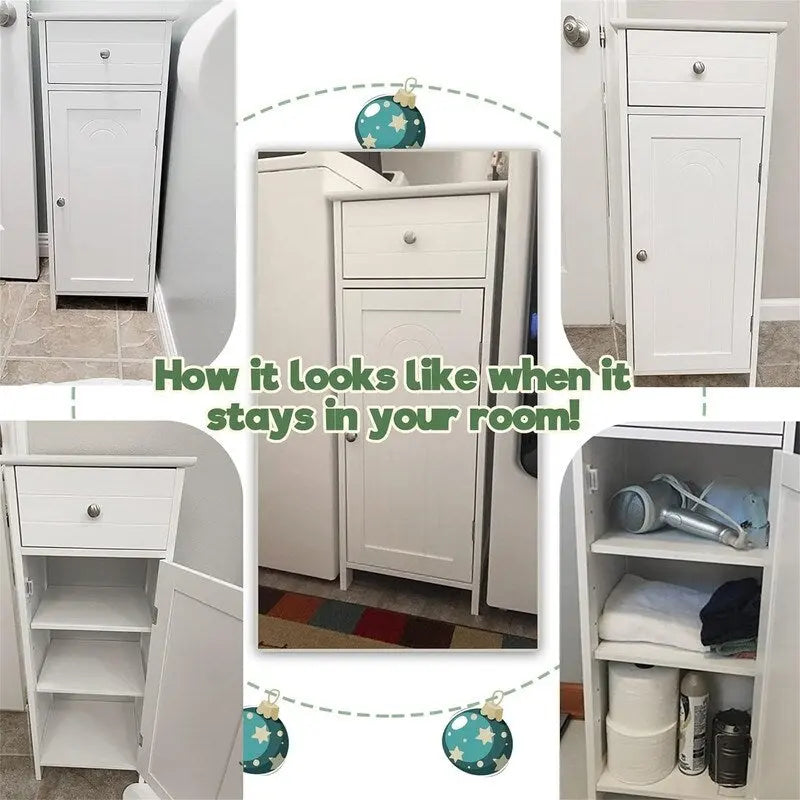 White Floor Storage Cabinet for Bathroom - 34.5" Height, Waterproof MDF, Adjustable Shelves, Anti-Tip, Drawer & Concealed Cabinet
