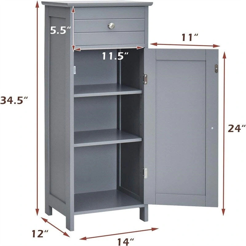 White Floor Storage Cabinet for Bathroom - 34.5" Height, Waterproof MDF, Adjustable Shelves, Anti-Tip, Drawer & Concealed Cabinet