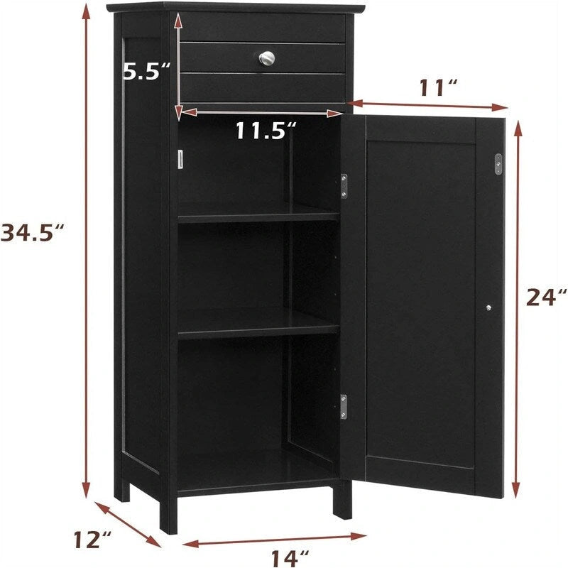 White Floor Storage Cabinet for Bathroom - 34.5" Height, Waterproof MDF, Adjustable Shelves, Anti-Tip, Drawer & Concealed Cabinet