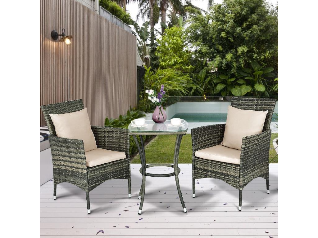 Garden Furniture Set: 1 Table and 2 Chairs, Wicker Mesh, Metal Frame, with 2 Cushions and 2 Pillows, Grey 89013VQKI