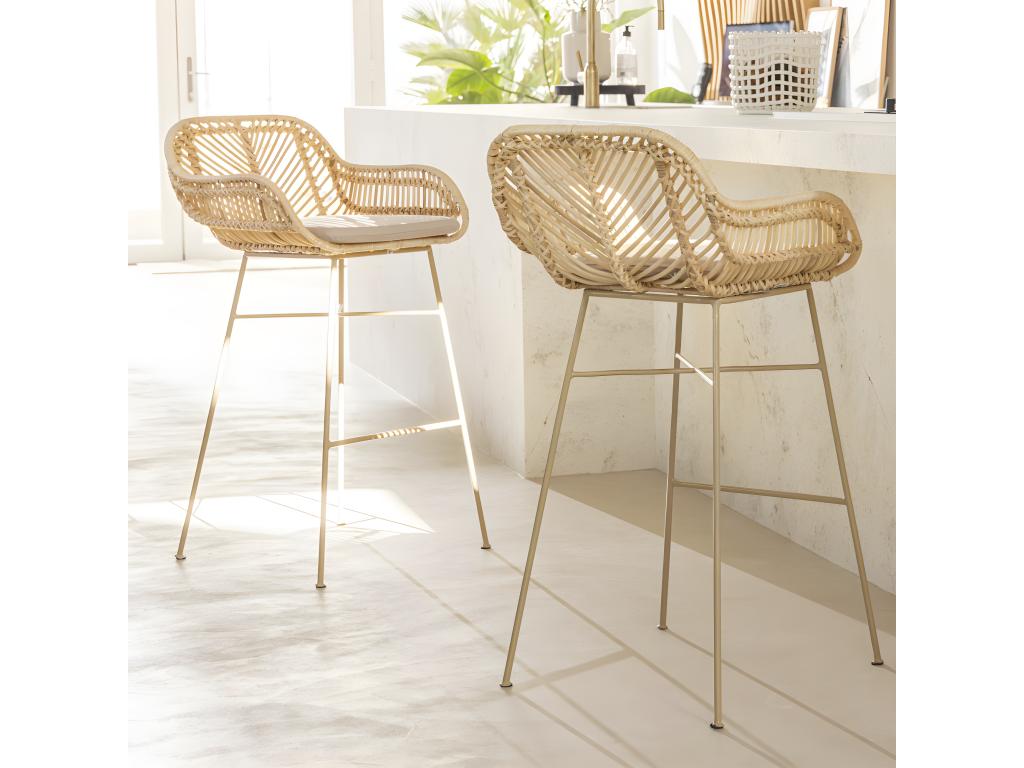 Bohometop - Set of 2 rattan bar stools with beige legs, 68cm high - Natural 00745ZNSM
