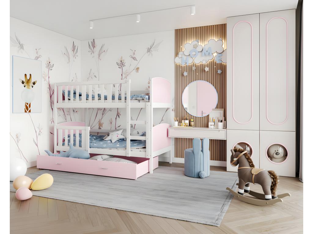 Bohometop Bunk Bed 90x190cm Without Mattress White - Pink. Comes with bed base and drawer. 62351YSKE
