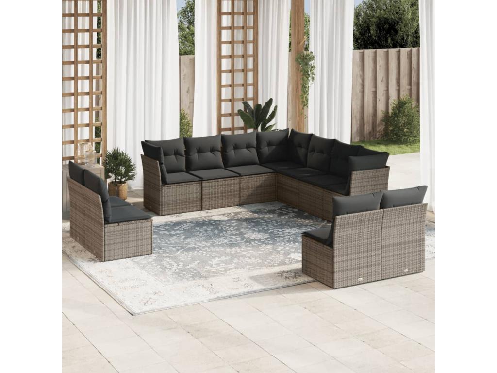 11-piece garden furniture set with grey resin wicker cushions 06090KBWZ