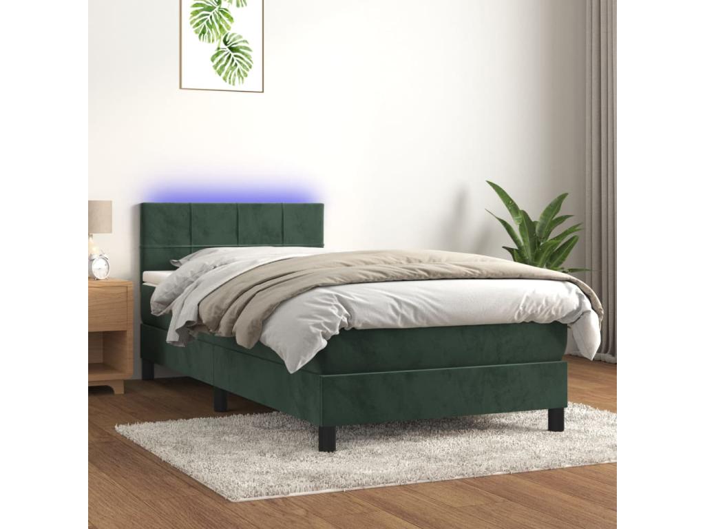 Upholstered bed base with mattress and LED lighting, dark green, 100x200 cm, velvet, 00756QPPE