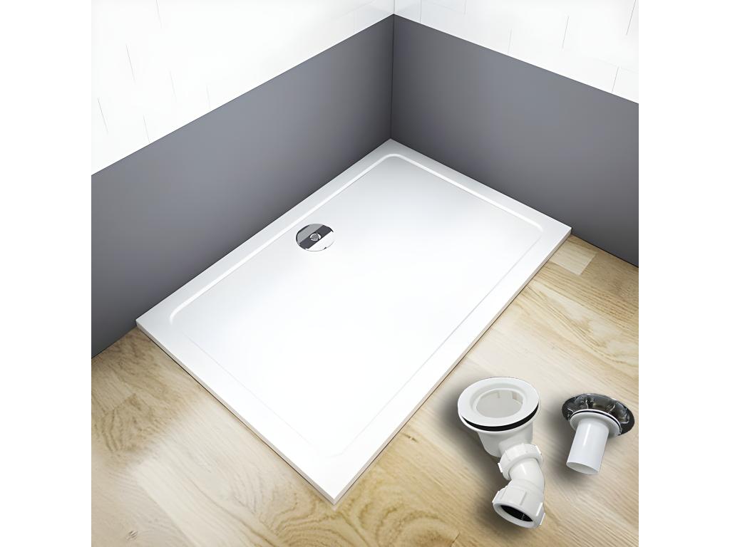 White 140x90x3cm rectangular extra-flat Bohometop coat shower tray with anti-slip shower base, drain and siphon, 90cm 34407LPHS