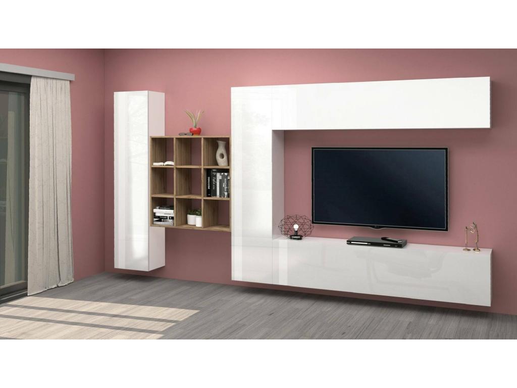 Bohometop wall-mounted TV unit with 4 doors, versatile living room furniture, Made in Italy, 350x30x180 cm, Glossy white, 40286IWRG
