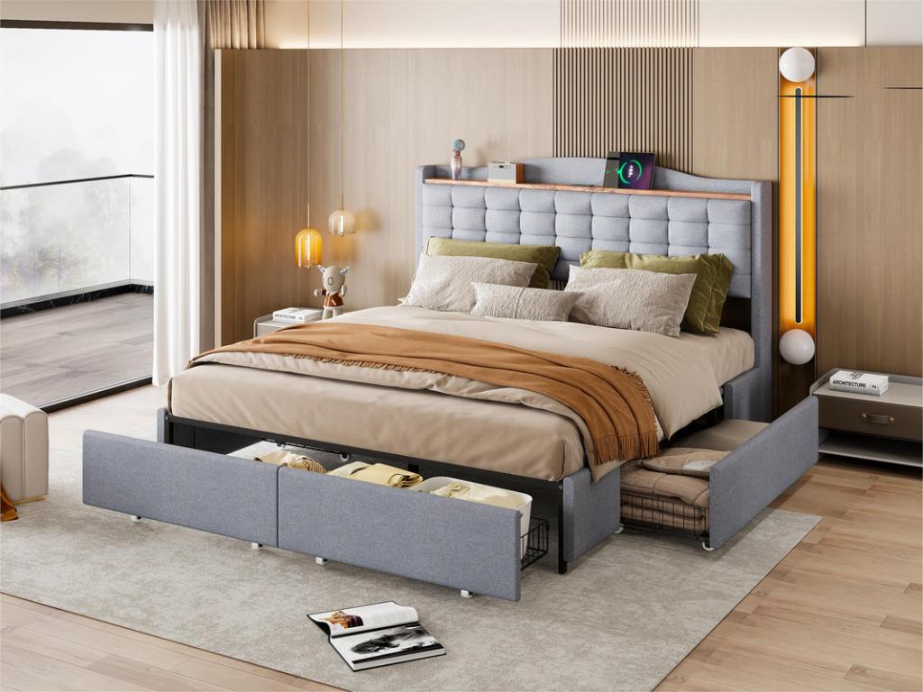 Adult bed 160x200cm in linen - with USB port and 4 drawers - Bohometop slatted base - Light Grey 50616CZDR