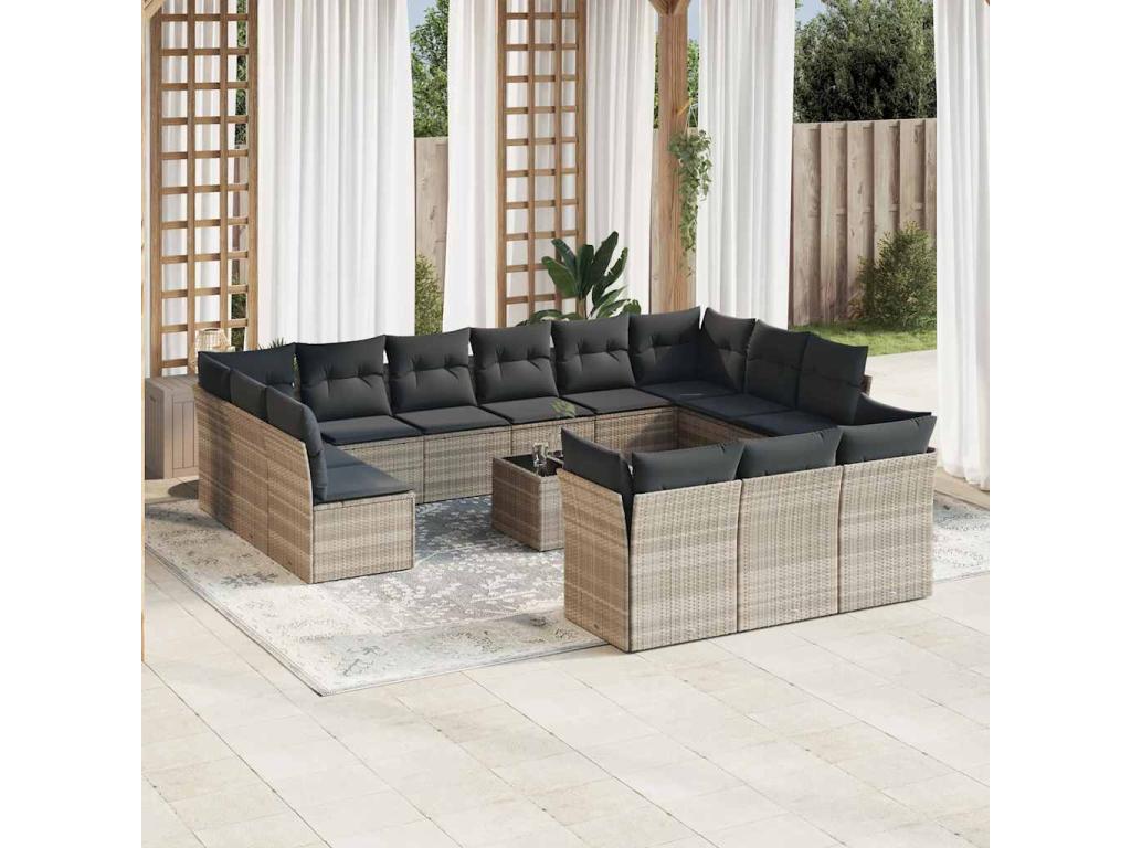 14-piece garden furniture set with cushions, light grey woven resin 30213RDJM