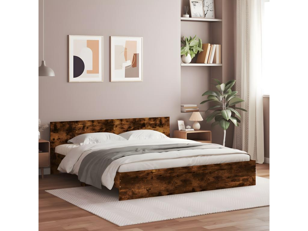 Bed frame with LED lighting, without mattress, smoked oak, 200x200 cm, 58523HRJS