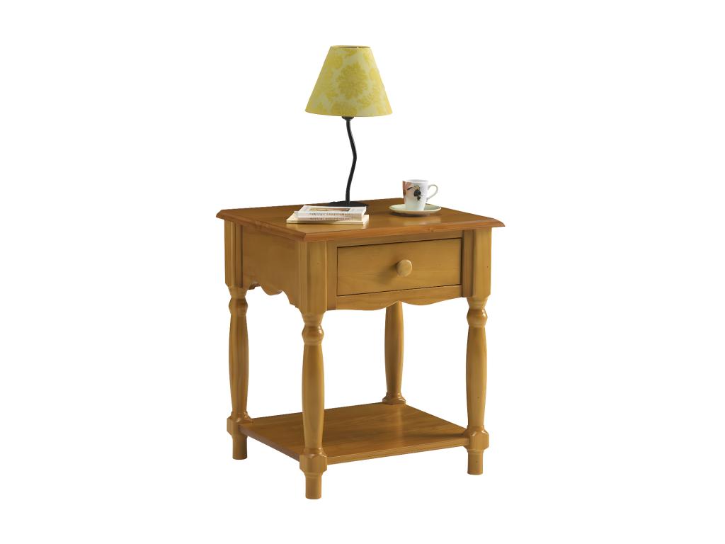 Bedside table with 1 drawer, solid pine, honey finish, 4 turned legs, 1 niche, W 51 H 59 D 43.7 cm, 02246PXRM