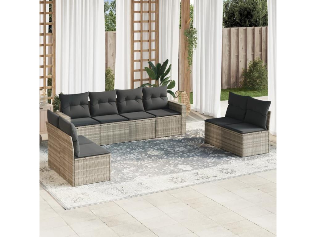 9-piece garden furniture set with light grey cushions, woven resin 18279EETI