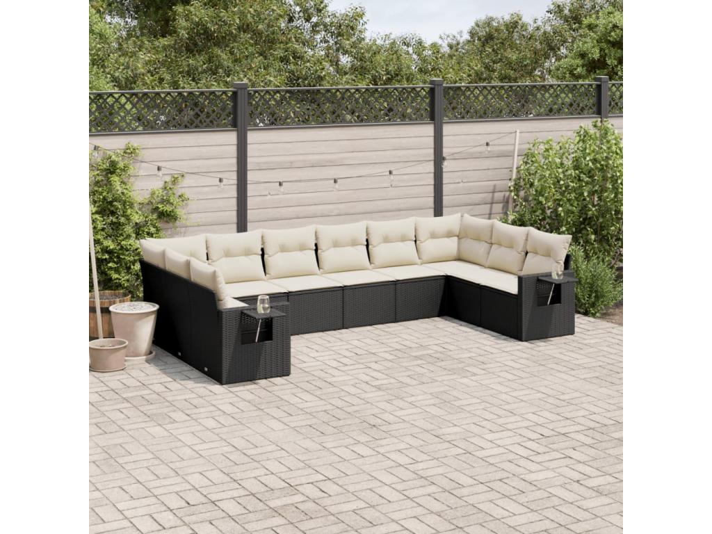 10-piece garden furniture set with cushions, black woven resin, 88487ZYMO